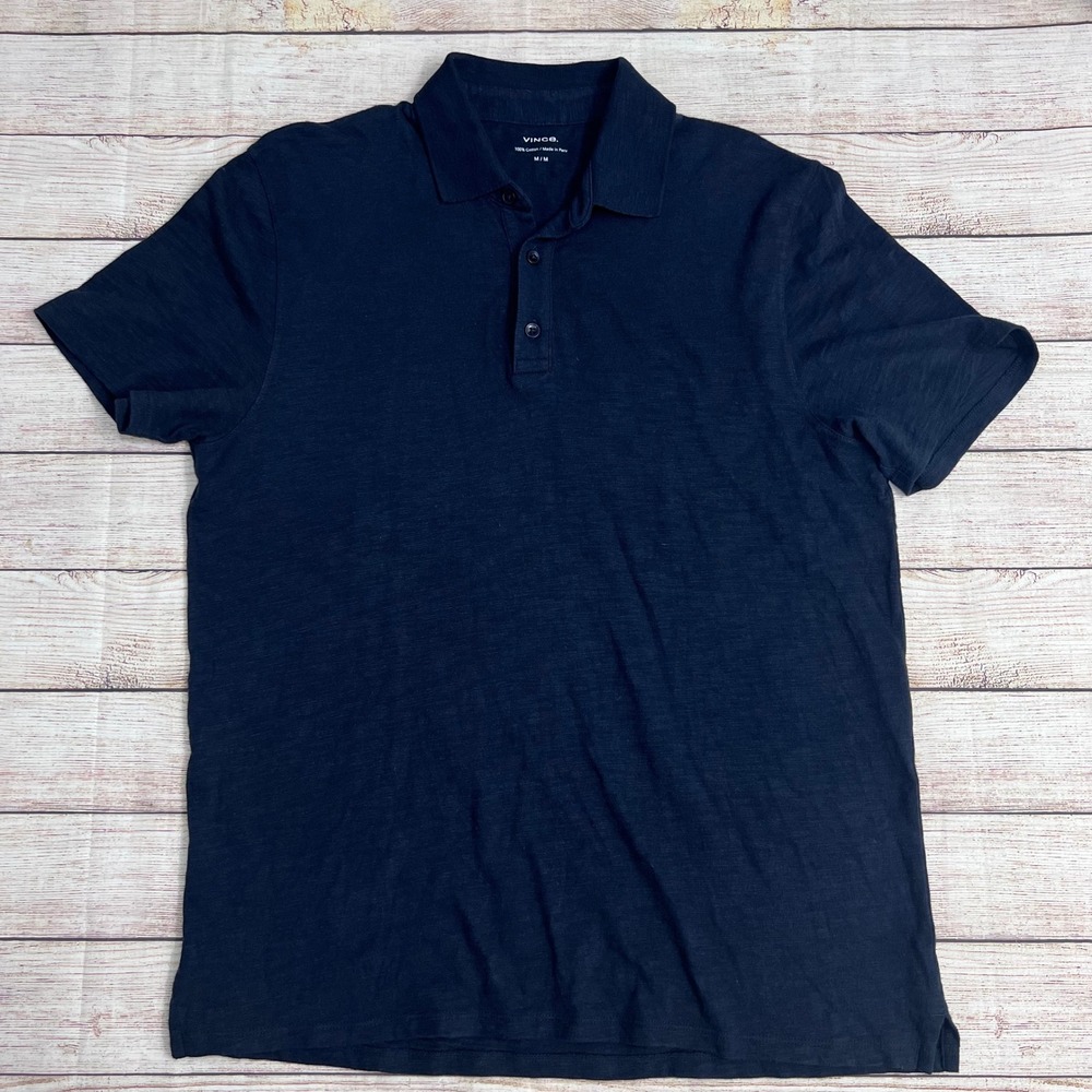 Vince Polo Shirt Mens Size Medium Navy Blue Slub Cotton Short Sleeve
